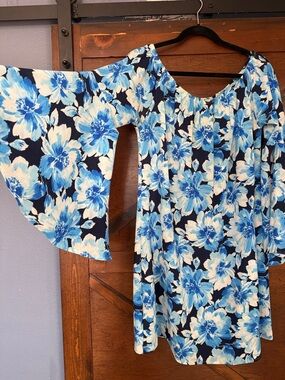 Rolla Coster Navy and Light Blue Floral Dress with Bell Sleeves Off Shoulder